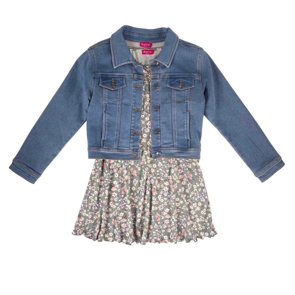 Zunie Girl Match Set Denim Jacket and Sage Flower dress Sz‎ L 10/12